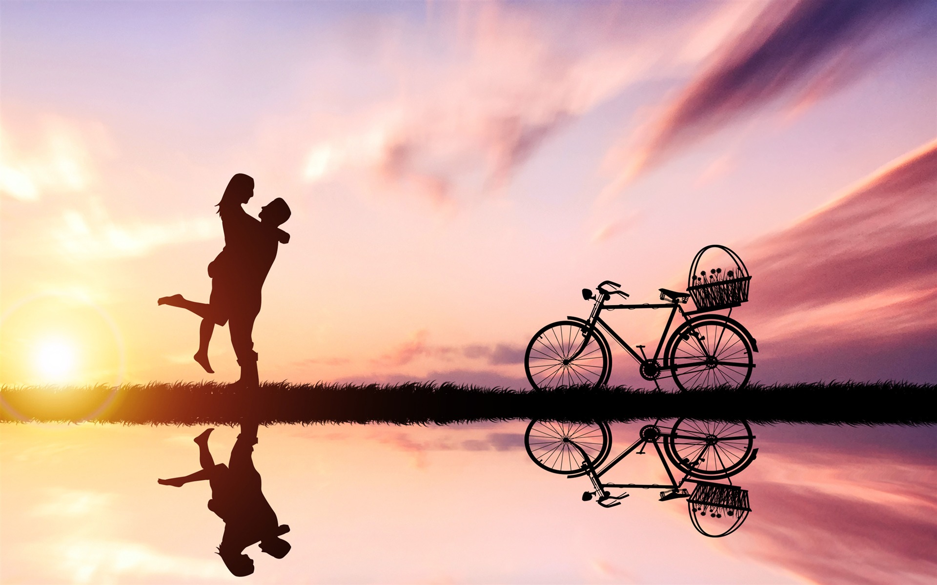 Couple bicycle sunset silhouette wallpaper 1920x1200 