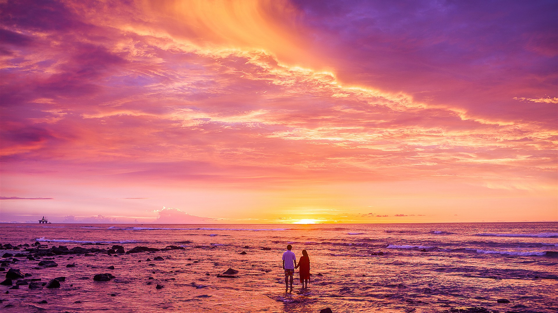 Romantic Couple Love Sunset Beach Photo Wallpaper 1920x1080 