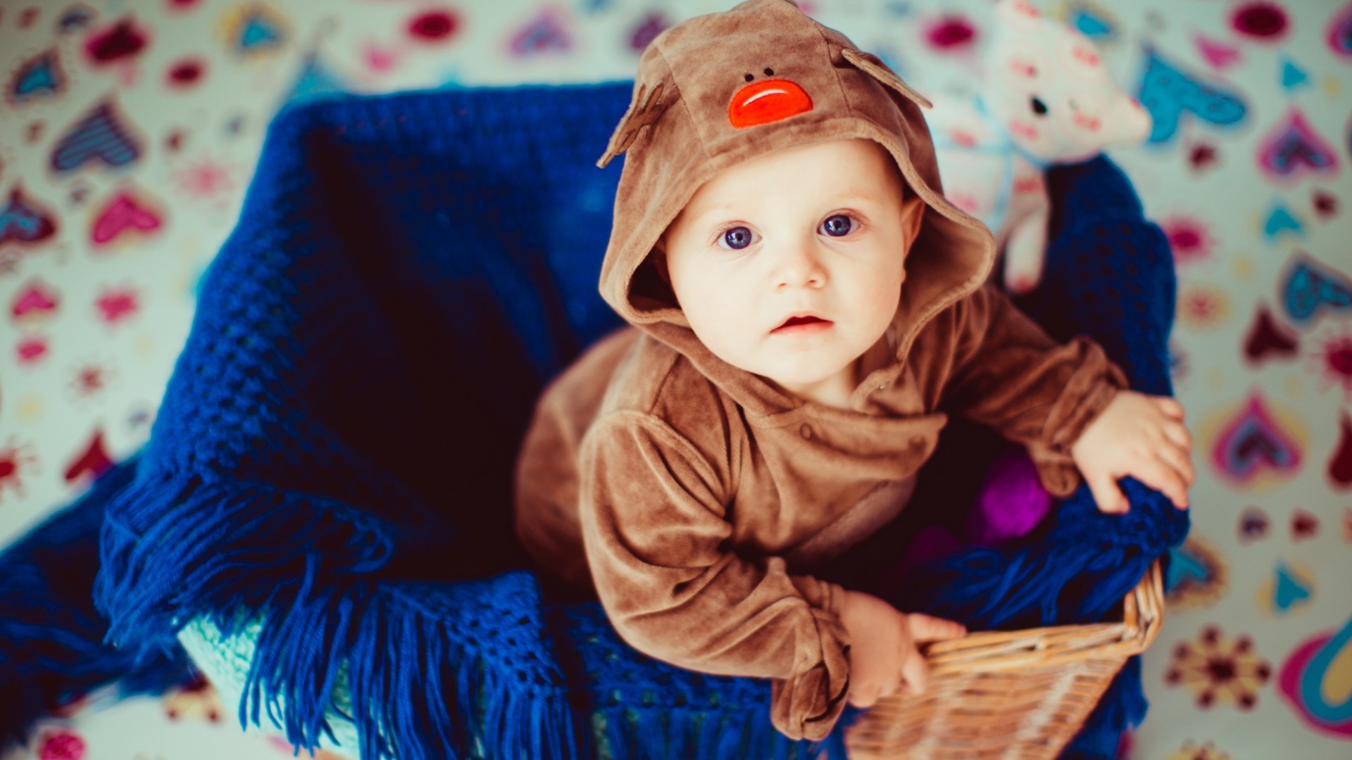 Cute Baby Boy Cap Dark Blue Knitted Dress Blur Background