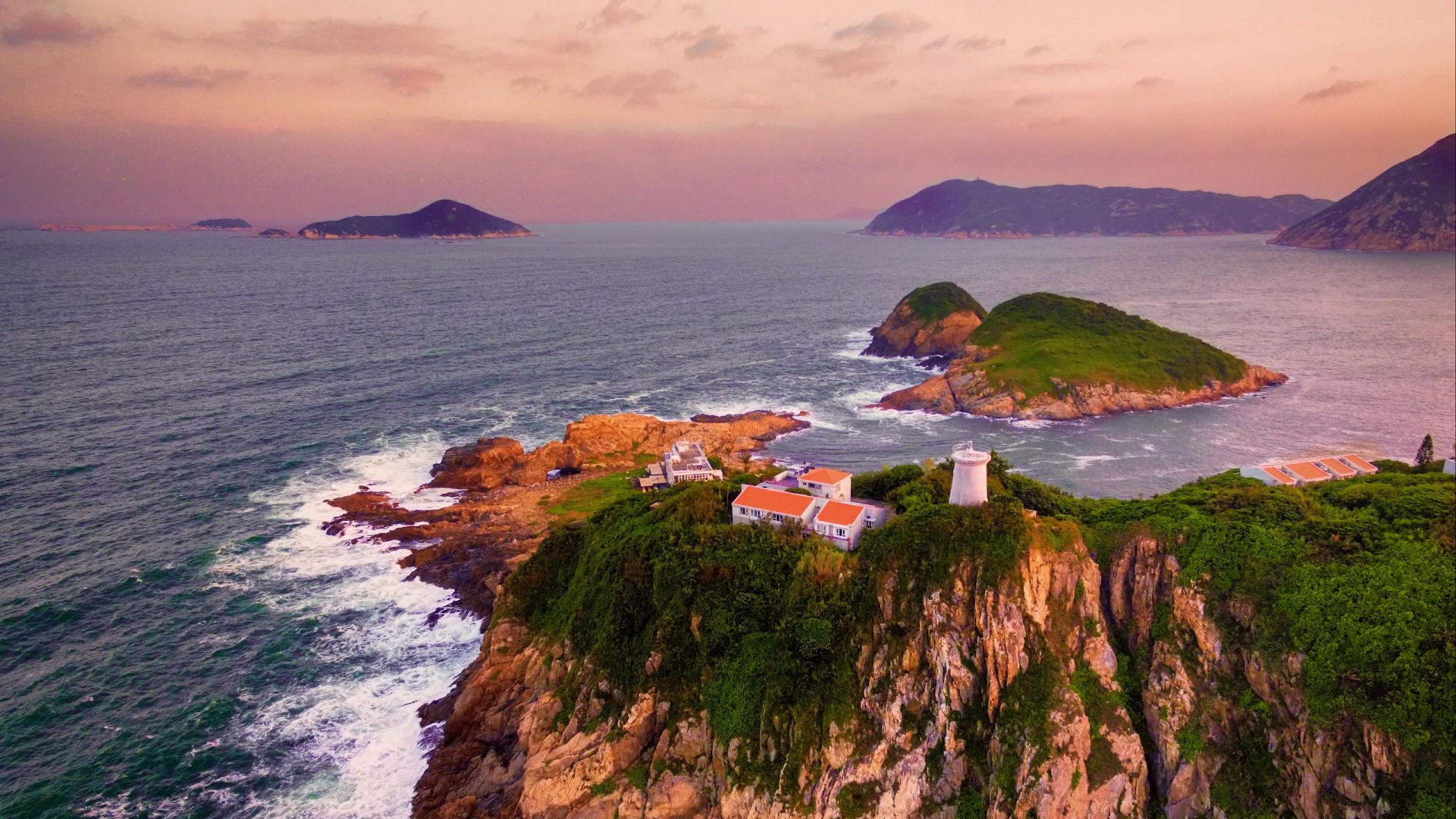 Aerial View Islands Rocks Buildings Lighthouse 