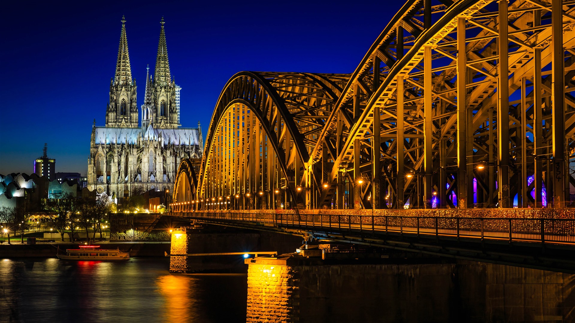 Cologne Cathedral Night Bridge Rhine River Germany HD Wallpaper 