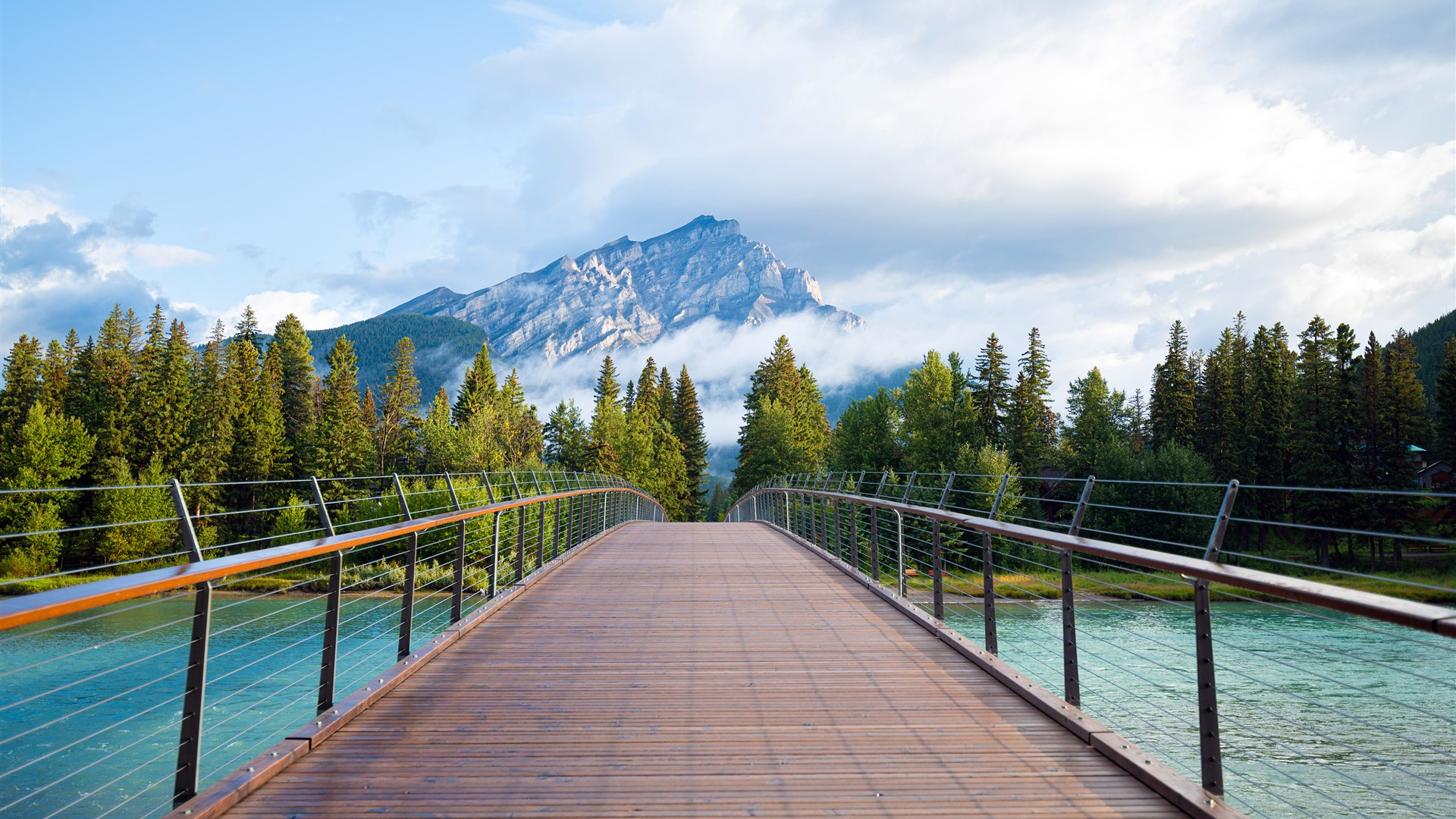 Mountains Fog River Bridge Nature Scenery Photo 