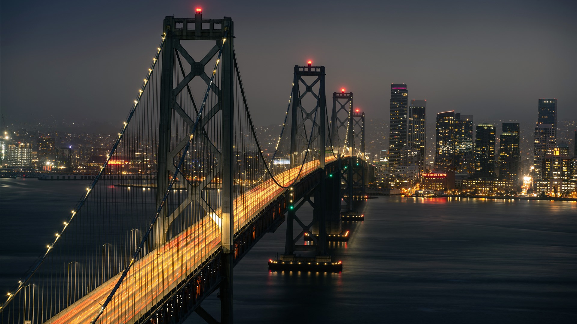 San Francisco Light Trail Sea Bridge City Night View  Wallpaper 