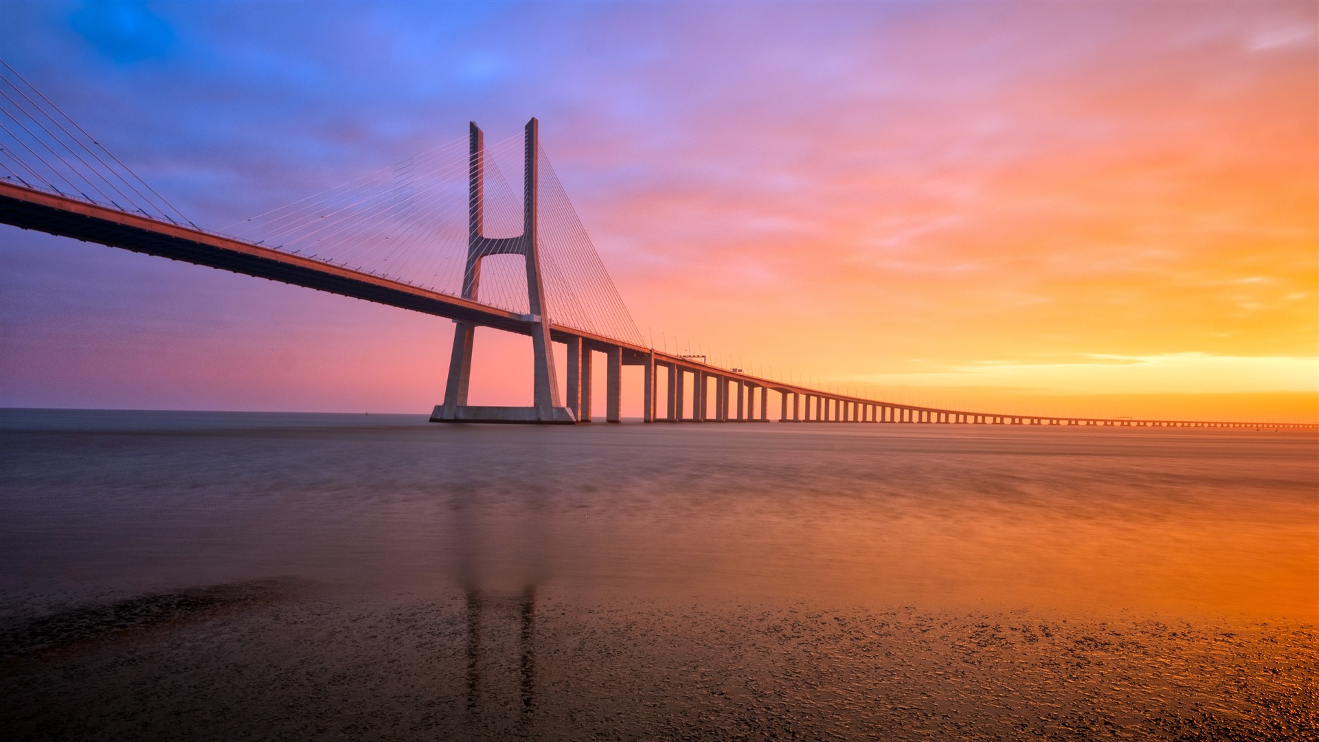 Sea Bridge Sunset Skyline Lisbon Portugal 