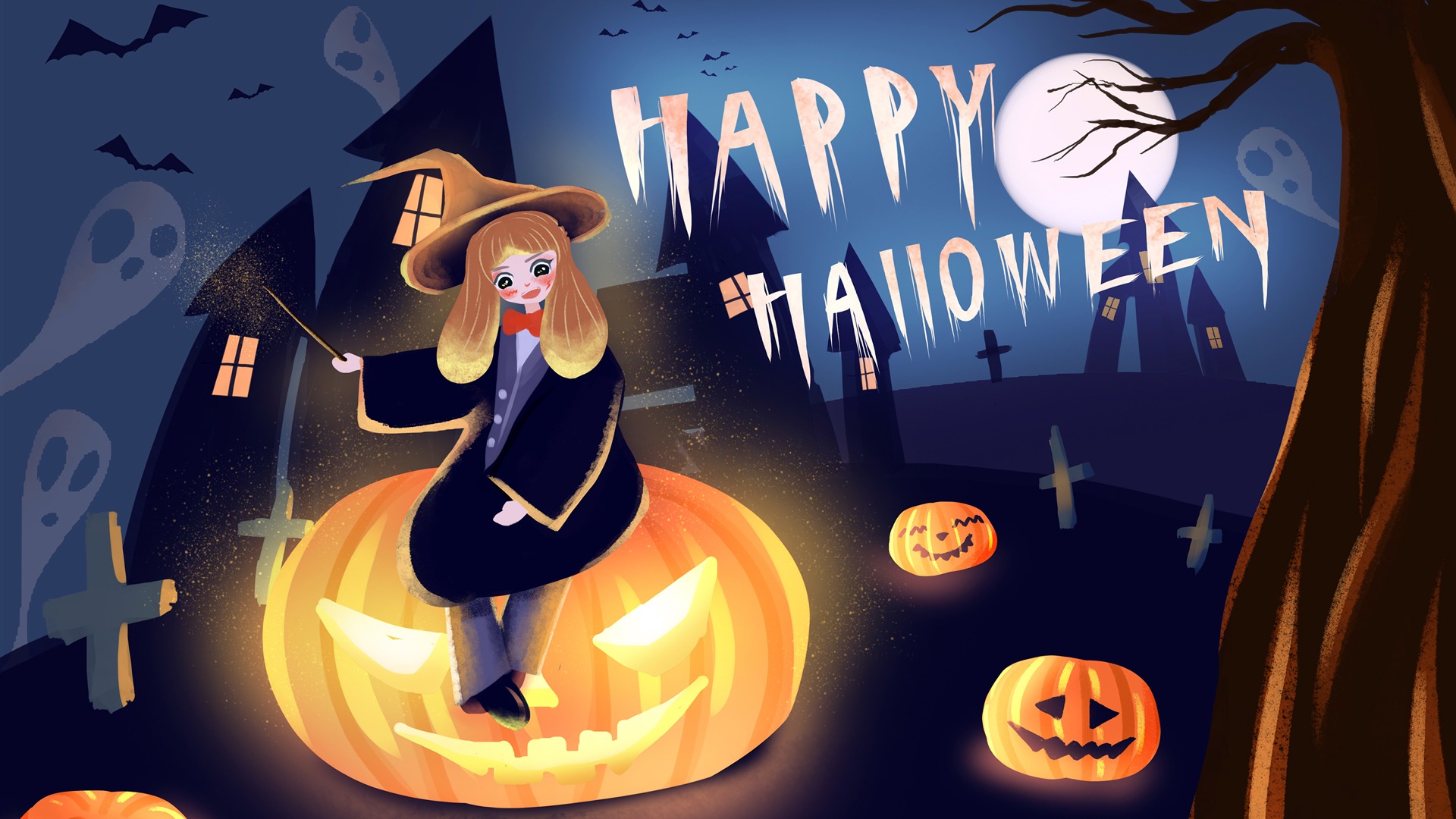 Happy Halloween Girl Pumpkin Lantern 1920x1080