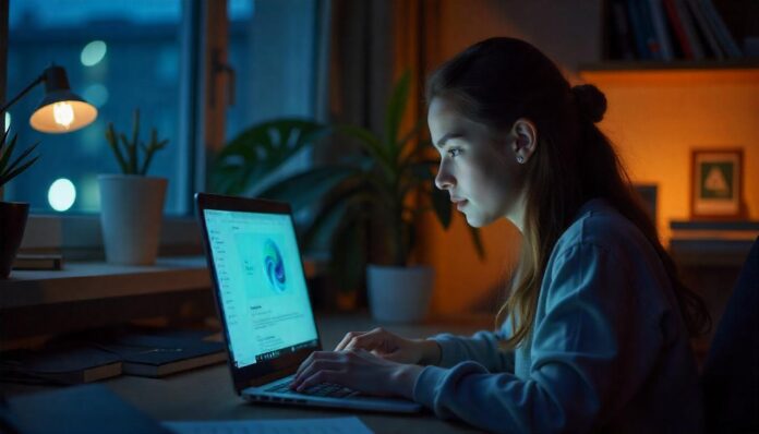 a beautiful Young adult girl using laptop to update Windows 11